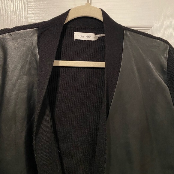 Calvin Klein Size XL Black Ribbed Knit Faux Leather Panel Open Front Cardigan - Picture 2 of 11